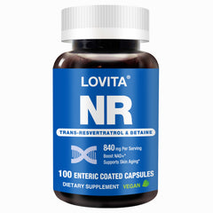LOVITA NAD+ bottle closeup with enteric-coated capsules for gentle daily delivery.