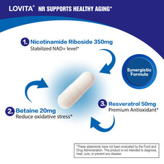 LOVITA NAD+ capsules in a glass jar show vegan, non-GMO formula.