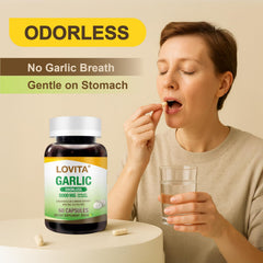 LOVITA Odorless Garlic Capsules back label showing vegan and non-GMO status