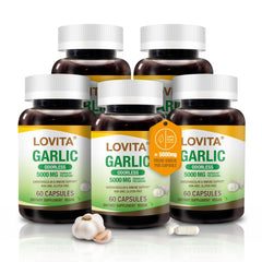 LOVITA Odorless Garlic Capsules bottle shown for daily heart and immune support
