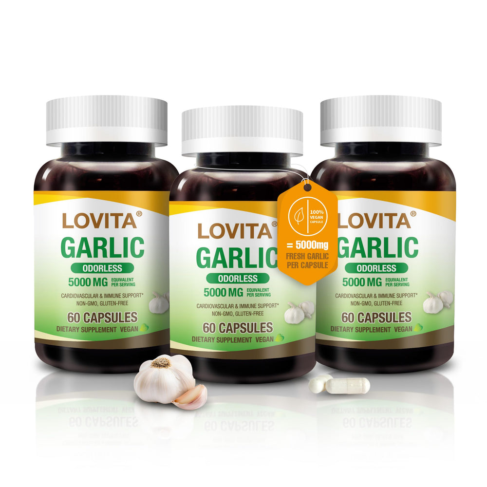 LOVITA Odorless Garlic Extract bottle; odor-free daily use with potential heart support