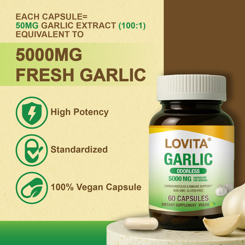 LOVITA Odorless Garlic Extract capsules; close-up shows odorless formula for daily use