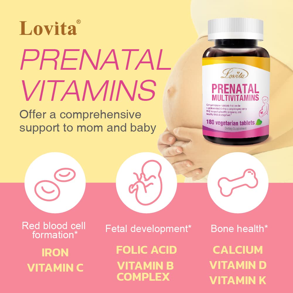 Lovita Prenatal ingredients label highlights folic acid and calcium for fetal development support.