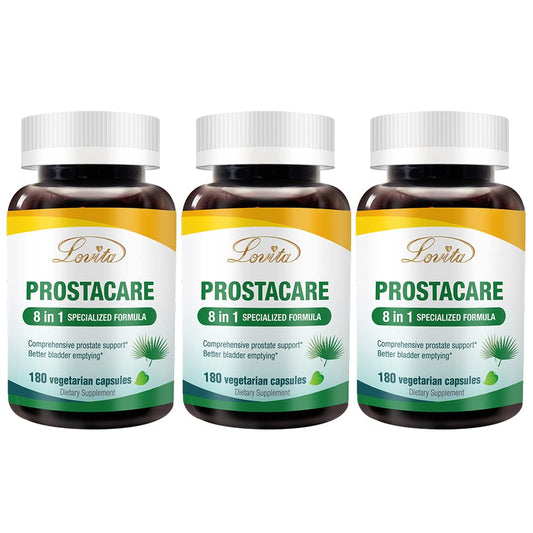 LOVITA Prostate Health bottle displaying the 8-in-1 formula for daily wellbeing