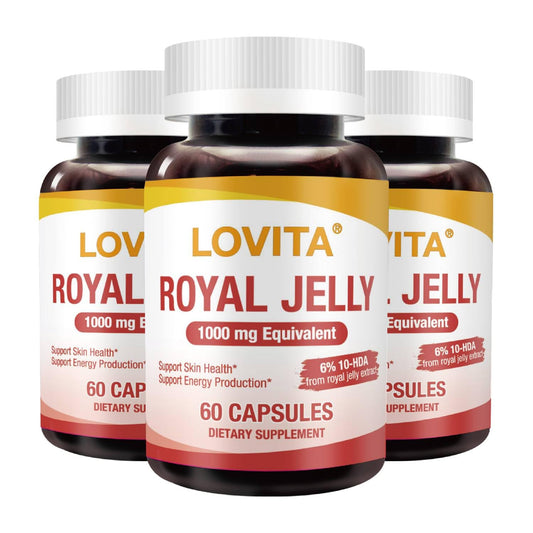 Lovita Royal Jelly bottle and capsules for daily vitality and skin support.