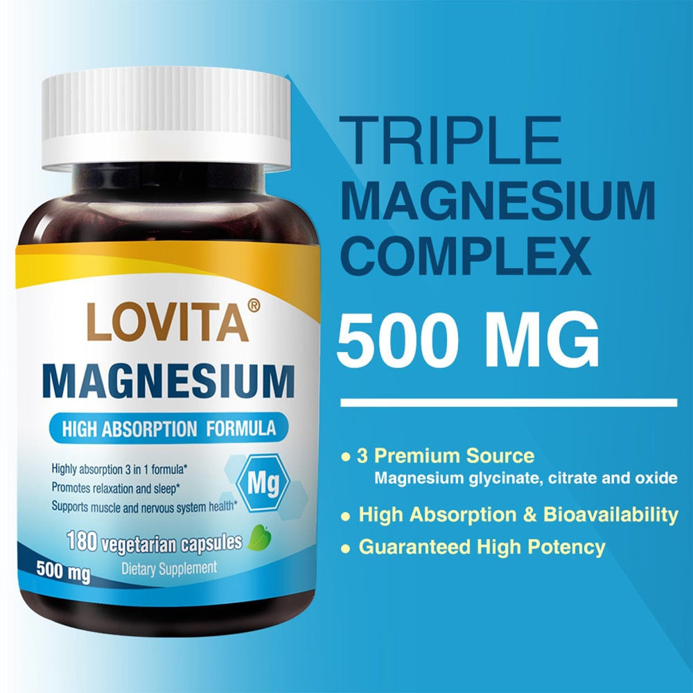 Closeup of Lovita magnesium capsules showing 500 mg per capsule dosage.