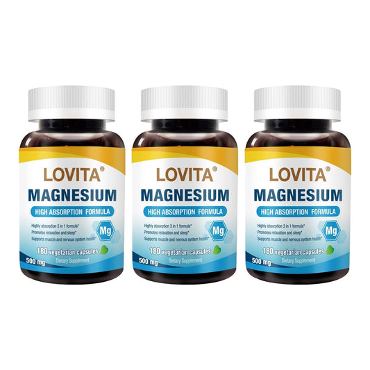 Lovita Triple Magnesium Complex packaging highlights high potency formula for daily wellness.