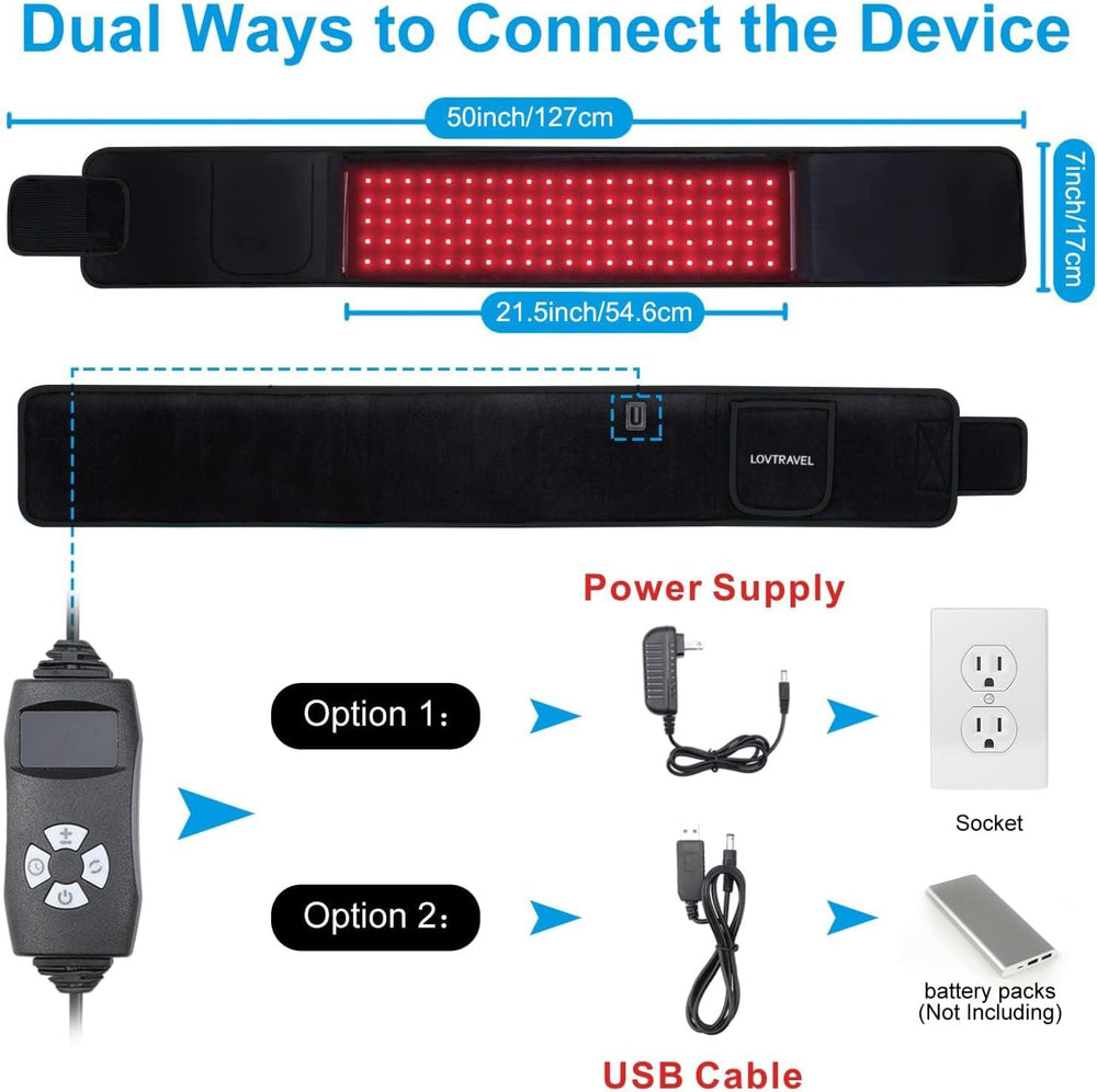 LOVTRAVEL LED belt control panel close-up highlights adjustable intensity