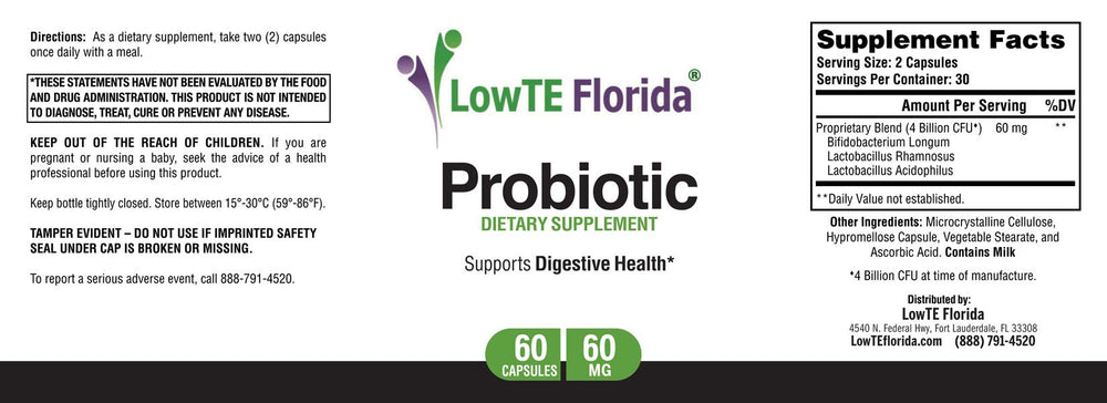 Close-up of LowTE Florida probiotic capsules highlighting convenient 30-day supply.