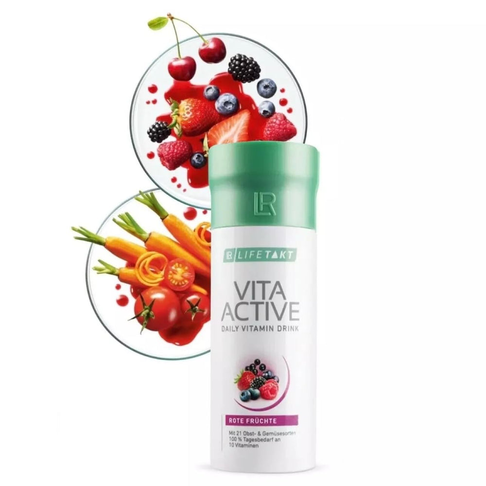 LR Health & Beauty Vita Active Red Fruit Drink packaging shown in lifestyle setting.