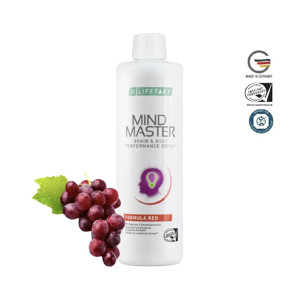 LR Health & Beauty Mind Master Red bottle pour illustrating energy boost.