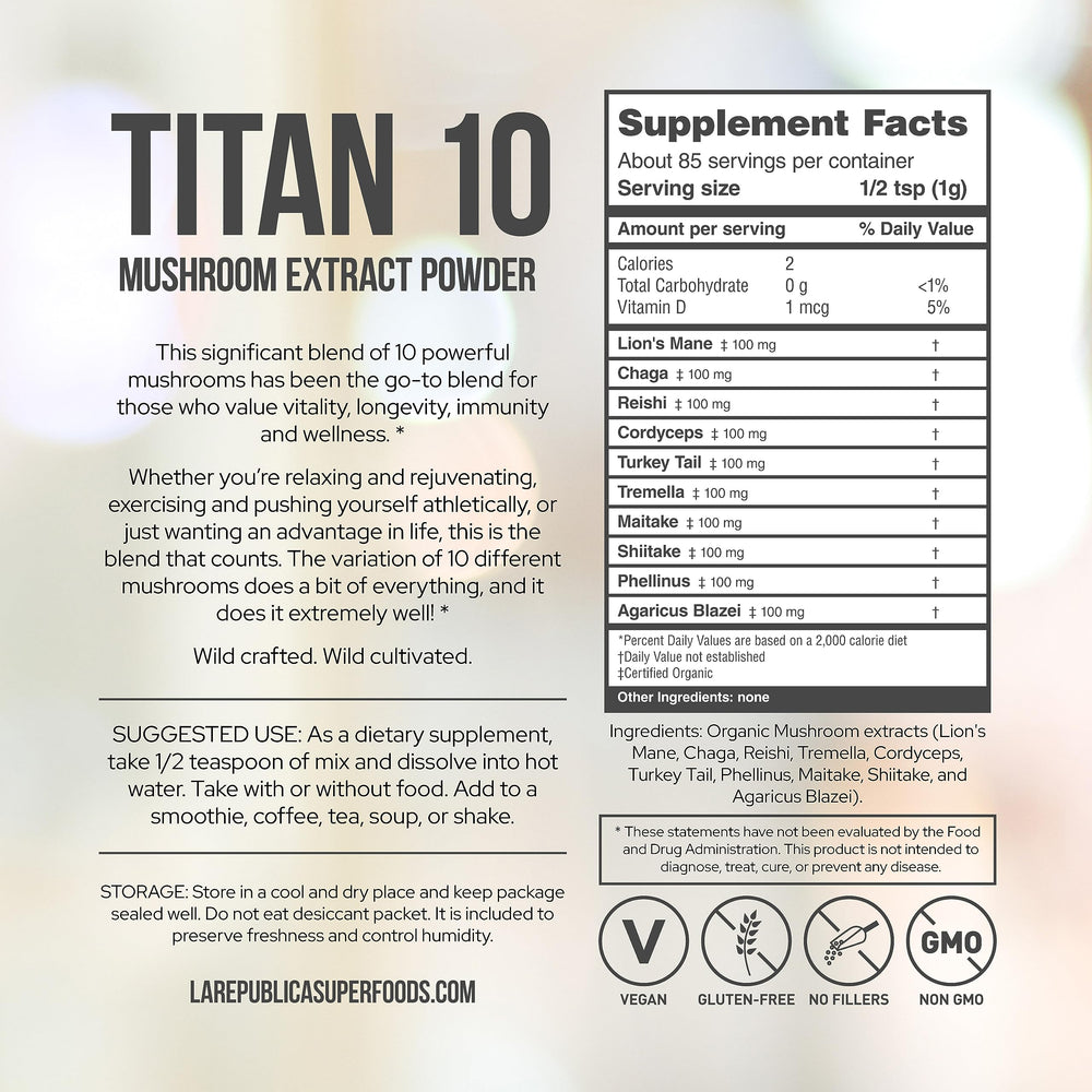 LRLA Titan 10 tea cup suggests hot mushroom tea for energy