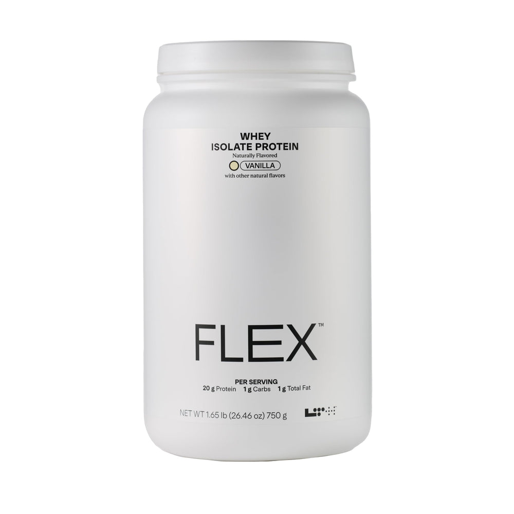 LTH Flex Whey Isolate vanilla bottle pour demonstrates lactose-free protein for post-workout recovery