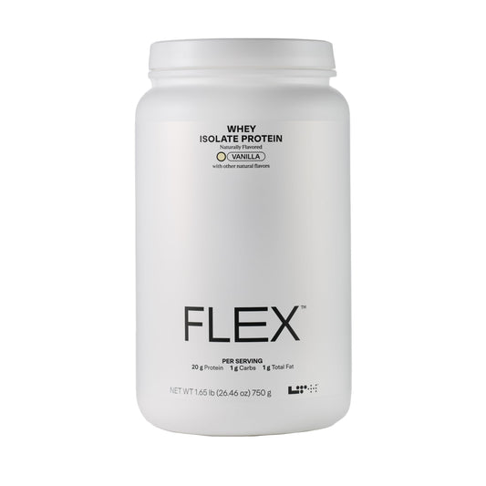 LTH Flex Whey Isolate vanilla bottle pour demonstrates lactose-free protein for post-workout recovery