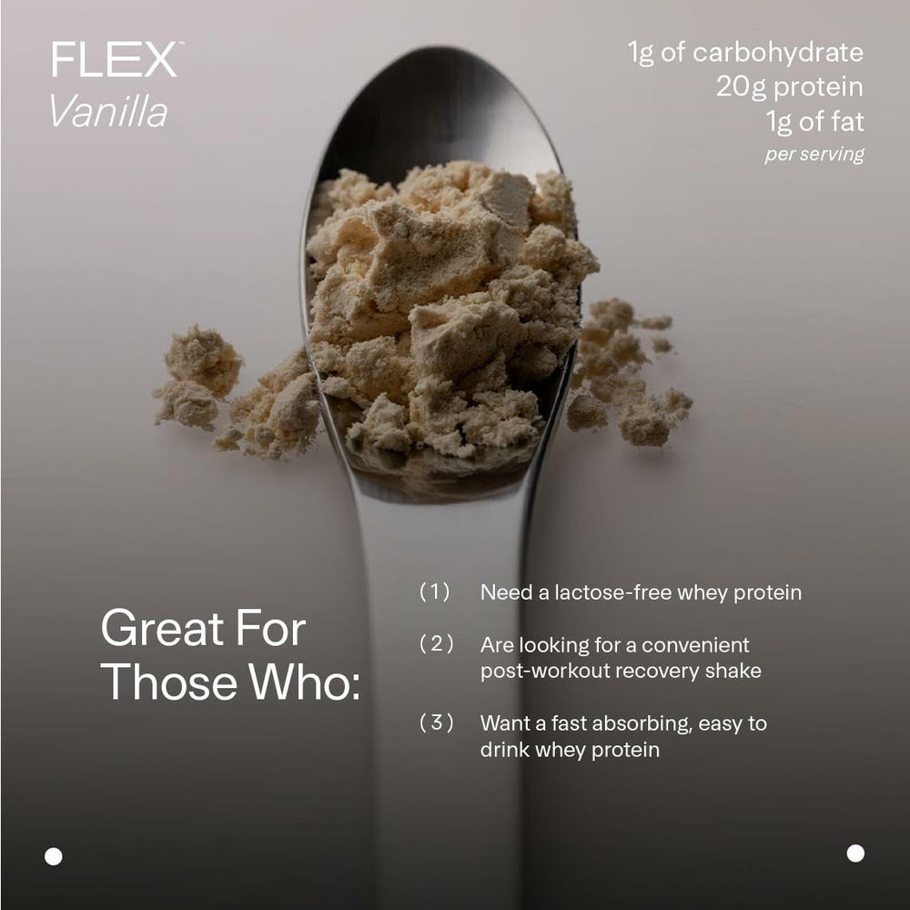 LTH Flex Whey Isolate vanilla label underscores NSF-certified quality and lactose-free formula