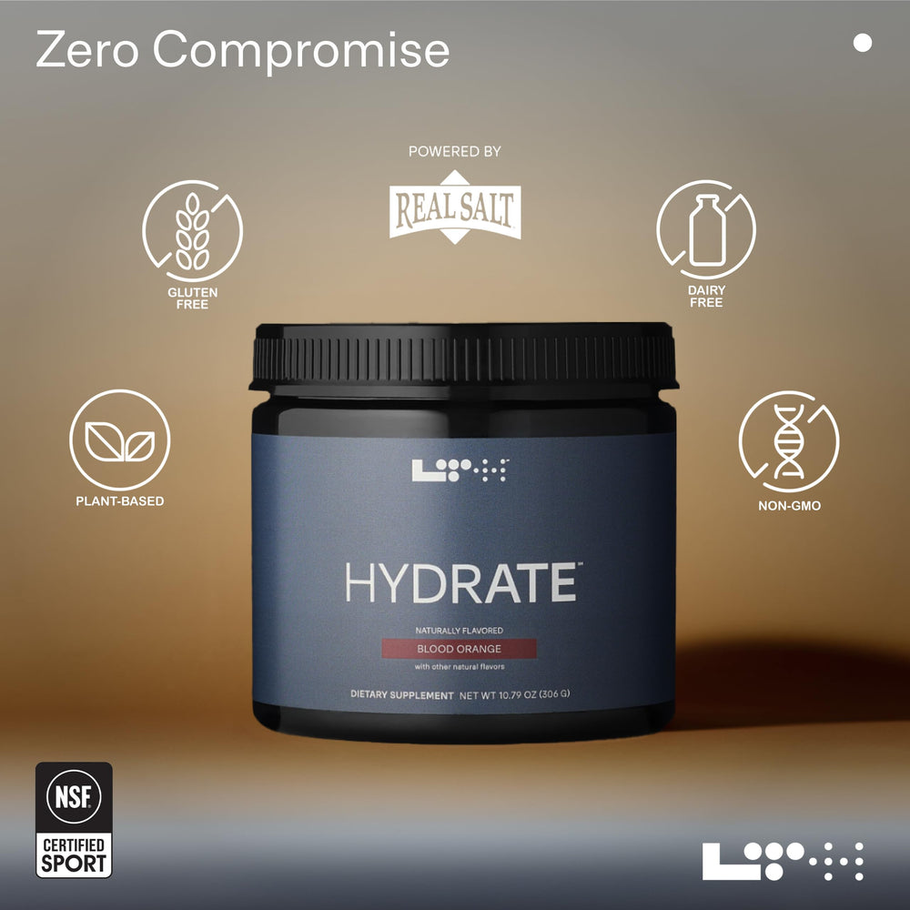 LTH Hydrate ingredients label highlights plant-based, gluten-free formula.