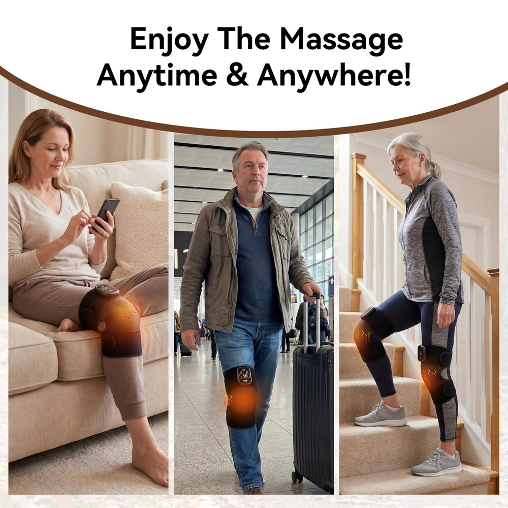 User wearing the massager on the knee for soothing warmth