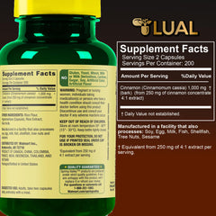 LUAL cinnamon bottle closeup shows capsule form for easy dosing