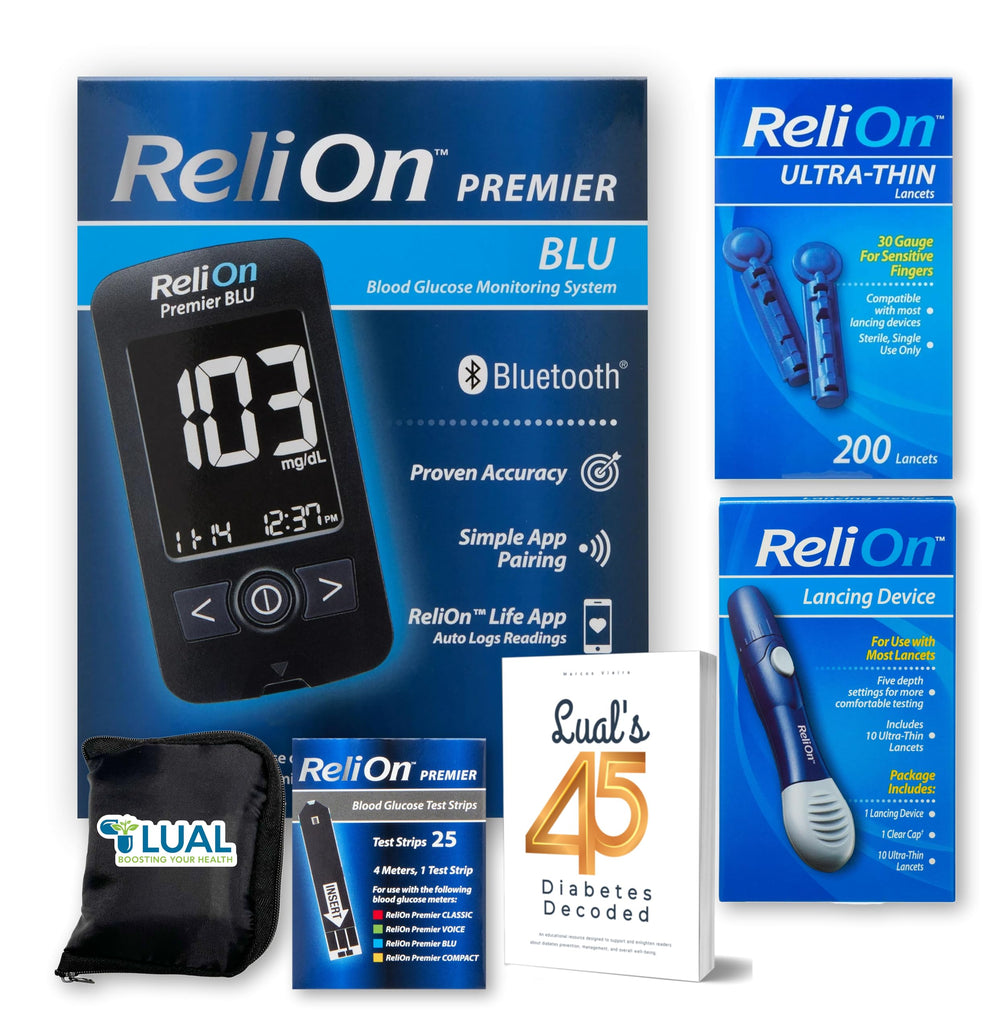 LUAL Premier Blu glucose monitor front view with clear display for easy readings