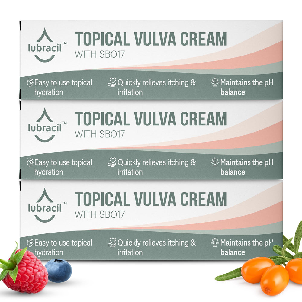 Lubracil topical vulva cream bottle provides quick, gentle moisture.