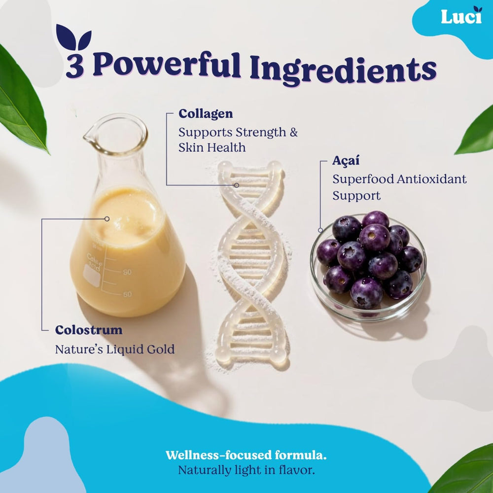 Luci Nutrition Colostrum Powder with collagen peptides emphasizes skin, hair, and nails health.