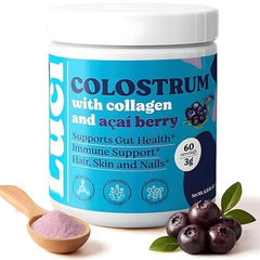 Luci Nutrition Colostrum Powder front packaging highlights 60 servings and gluten-free blend for daily gut support.
