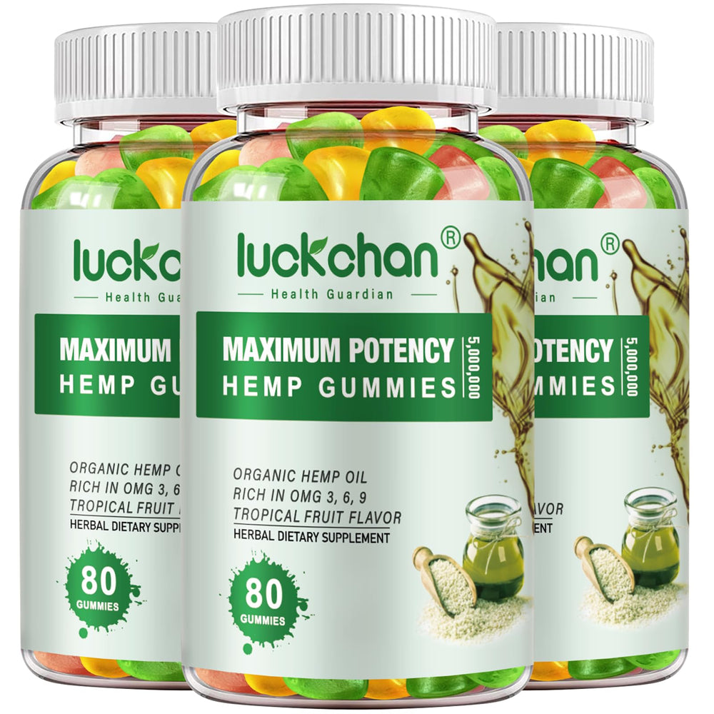 LUCKCHAN hemp gummies high potency bottle front view for easy dosing.