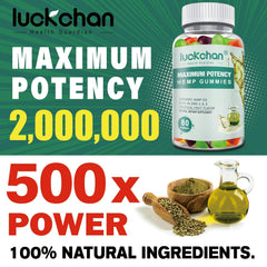 LUCKCHAN hemp gummies bottle side shows potency label for clear dosing.
