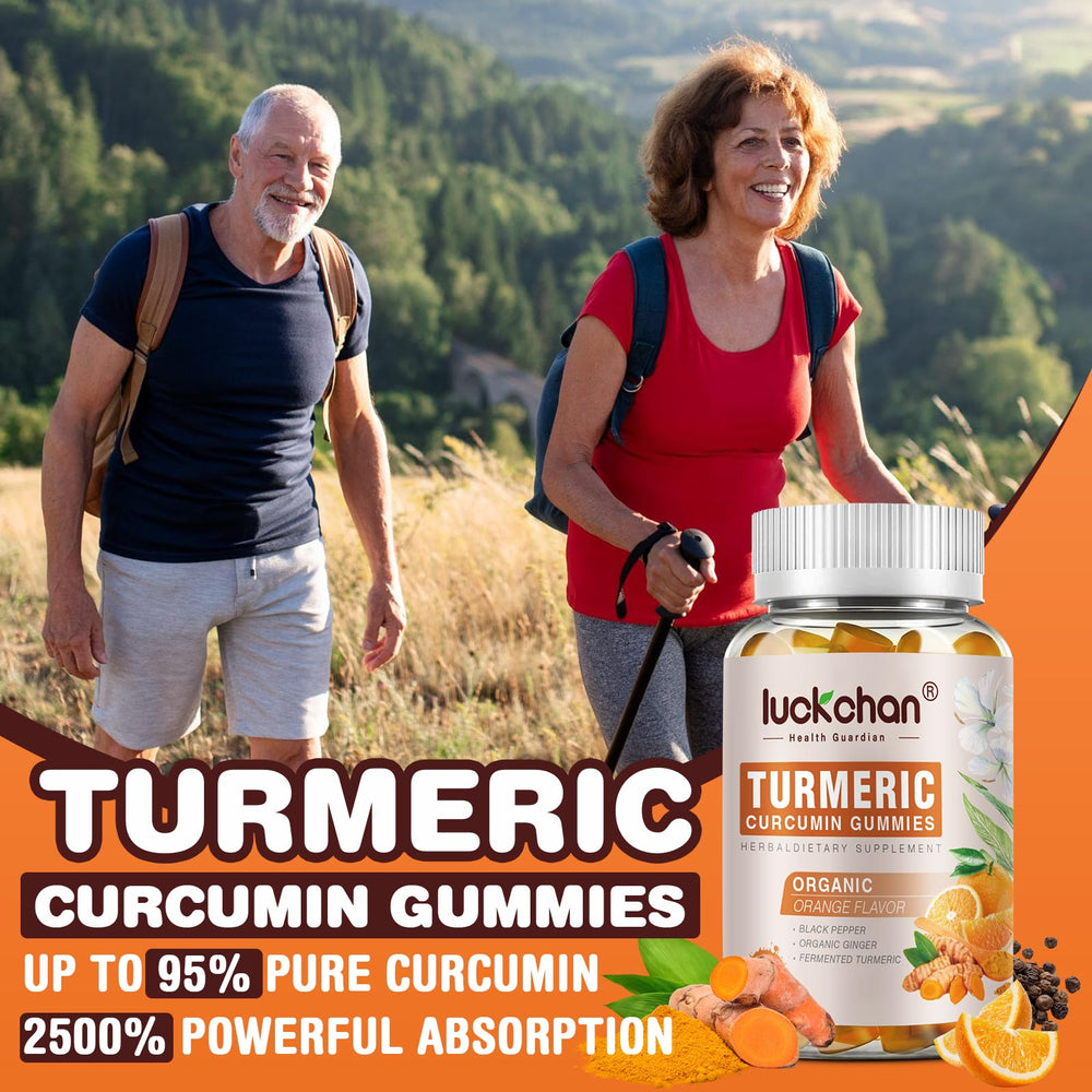 LUCKCHAN Turmeric Curcumin Gummies bottle back label shows vegan, gelatin-free ingredients.