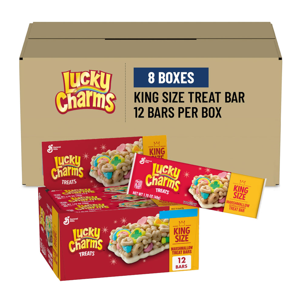 Lucky Charms Treat Bars with rainbows provide a fast, colorful snack on the go.
