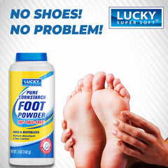 Lucky Super Soft foot powder being applied to feet for quick moisture control.