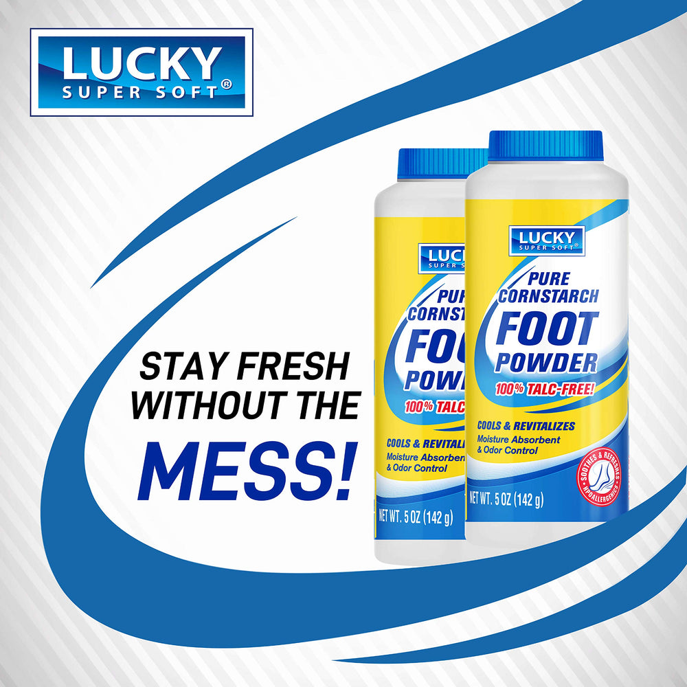 Lucky Super Soft foot powder packaging box highlights talc-free formula for sensitive skin.