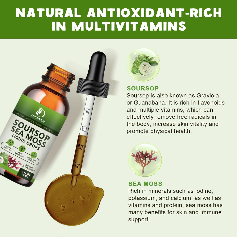 LUCNVEM concentrated soursop-sea-moss extract label close-up for potent antioxidants.