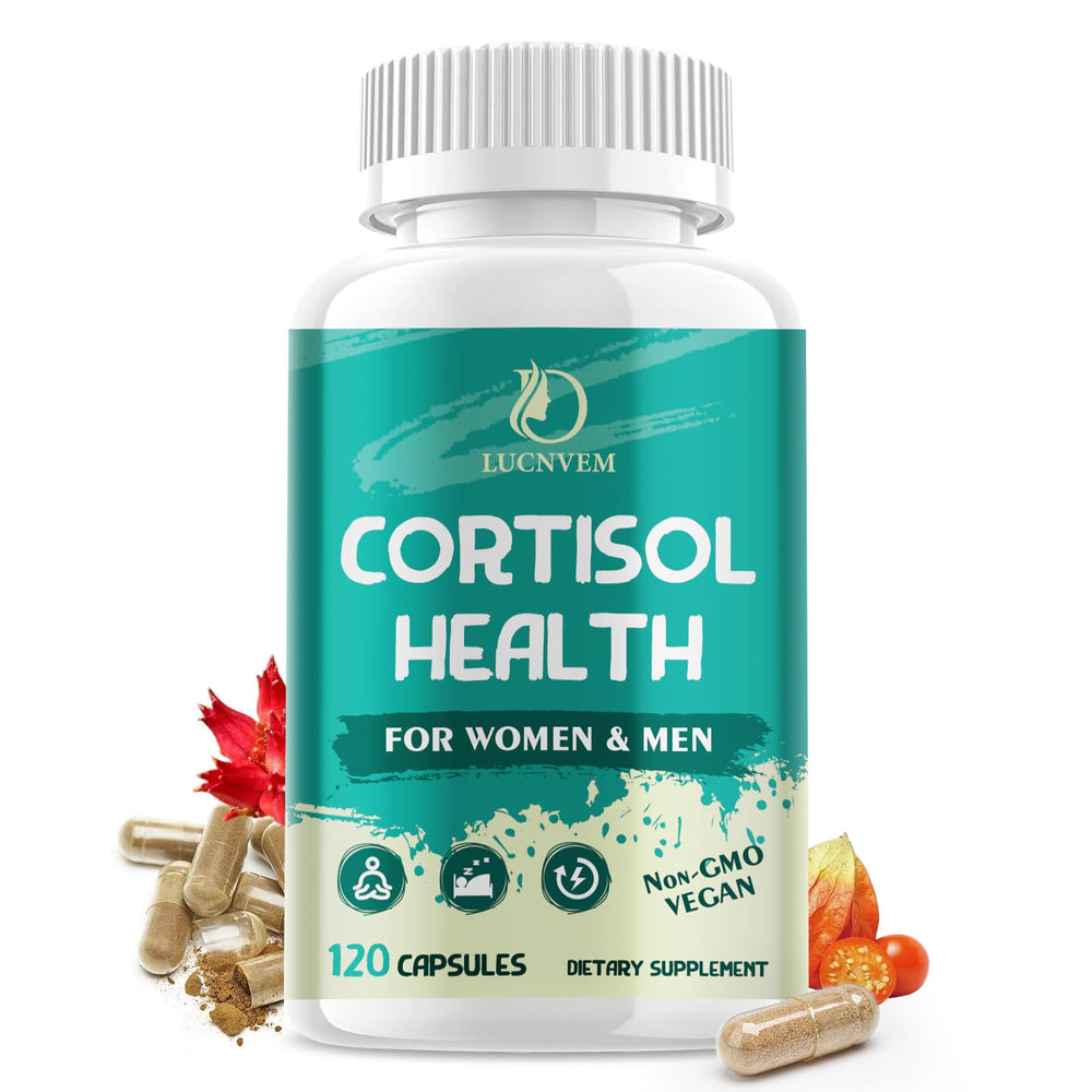LUCNVEM cortisol supplement bottle supports daily stress balance.