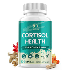 LUCNVEM cortisol supplement bottle supports daily stress balance.