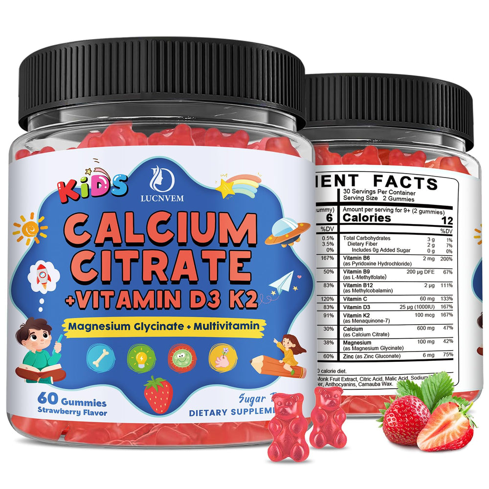 LUCNVEM Kids Calcium Citrate Gummies bottle promotes daily bone support.