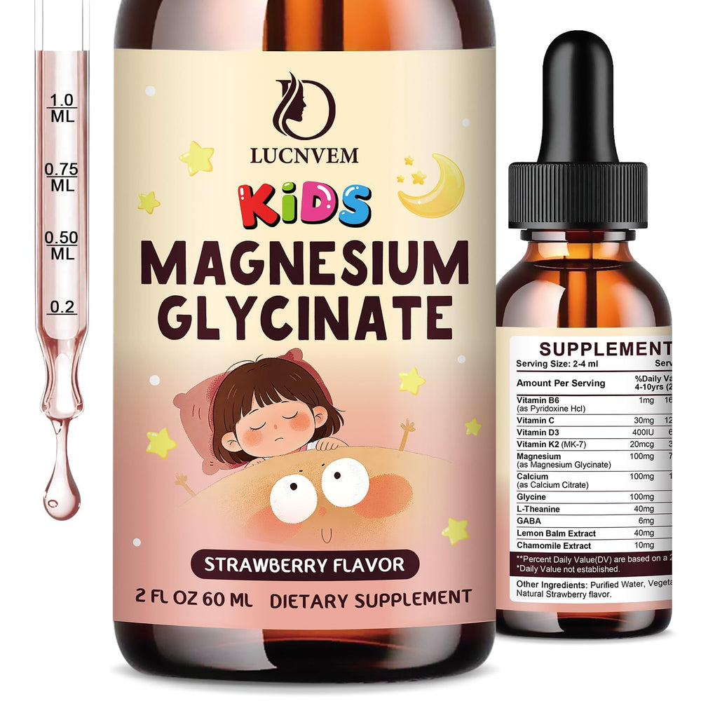LUCNVEM Kids Magnesium Glycinate Drops bottle with strawberry flavor for calm evenings