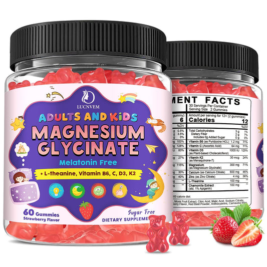 LUCNVEM magnesium glycinate gummies bottle with strawberry flavor for gentle sleep support.