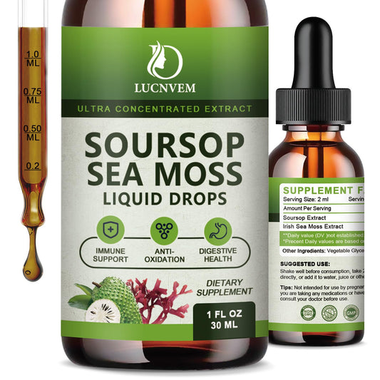 LUCNVEM soursop-sea-moss liquid bottle showing concentrated extract for daily supplementation.