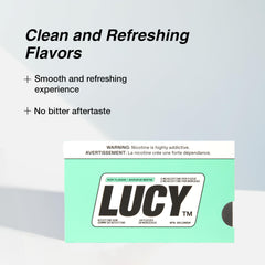 Lucy nicotine gum 2mg mint box close-up highlighting 100-count convenience.