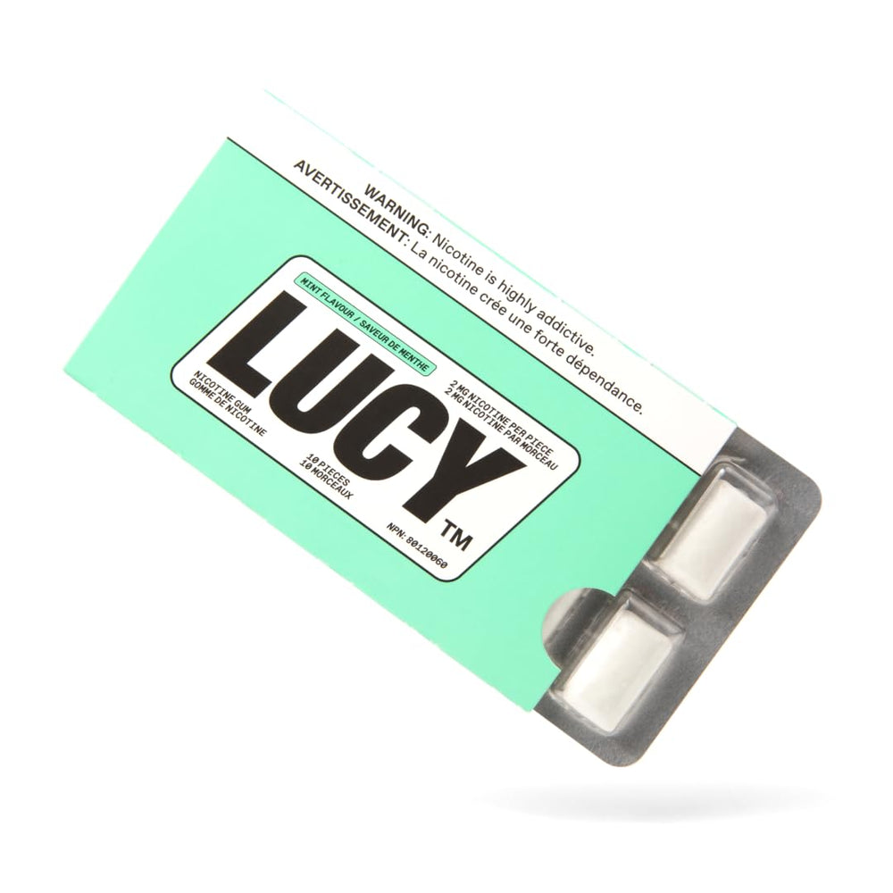 Lucy nicotine gum 2mg mint packfront for convenient on-the-go craving relief.