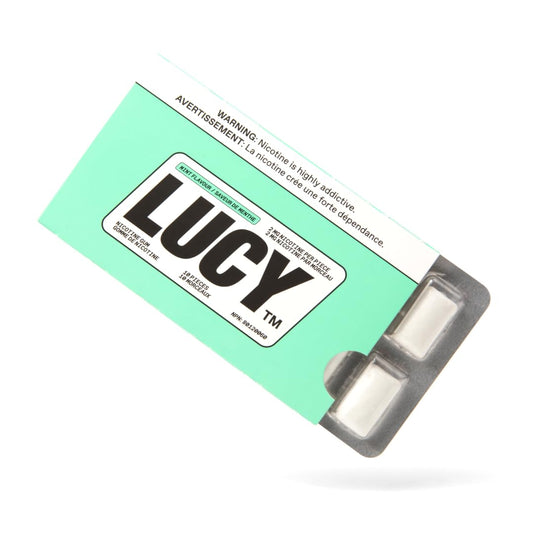 Lucy nicotine gum 2mg mint packfront for convenient on-the-go craving relief.