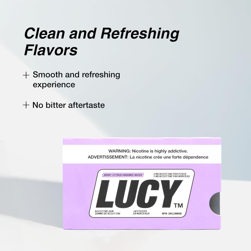 Close-up of a LUCY Berry Citrus gum piece for quick relief.