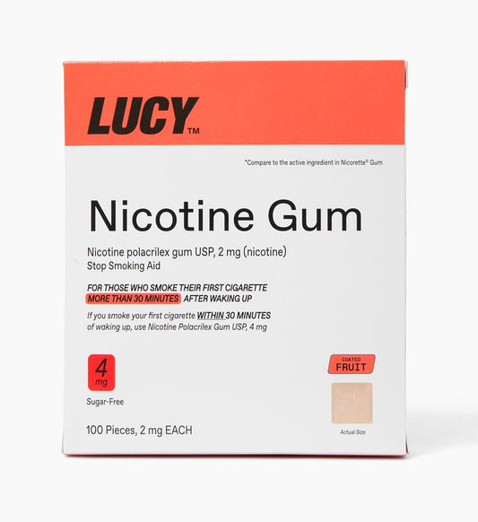 Lucy NRT fruit-flavor gum 100-piece box in bright packaging supports quitting cravings