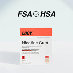 Lucy NRT fruit-flavor gum box open with stacked coating pieces