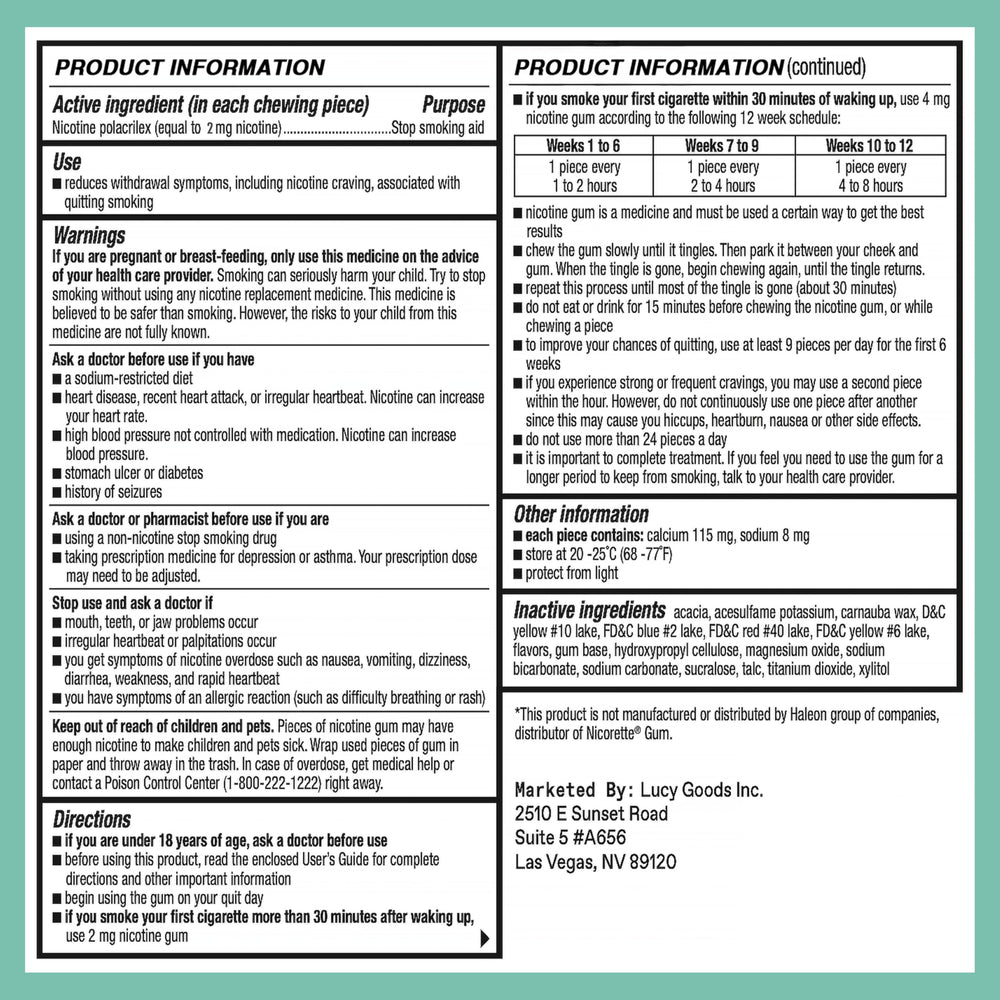 LUCY NRT Mint gum label closeup highlighting dosage