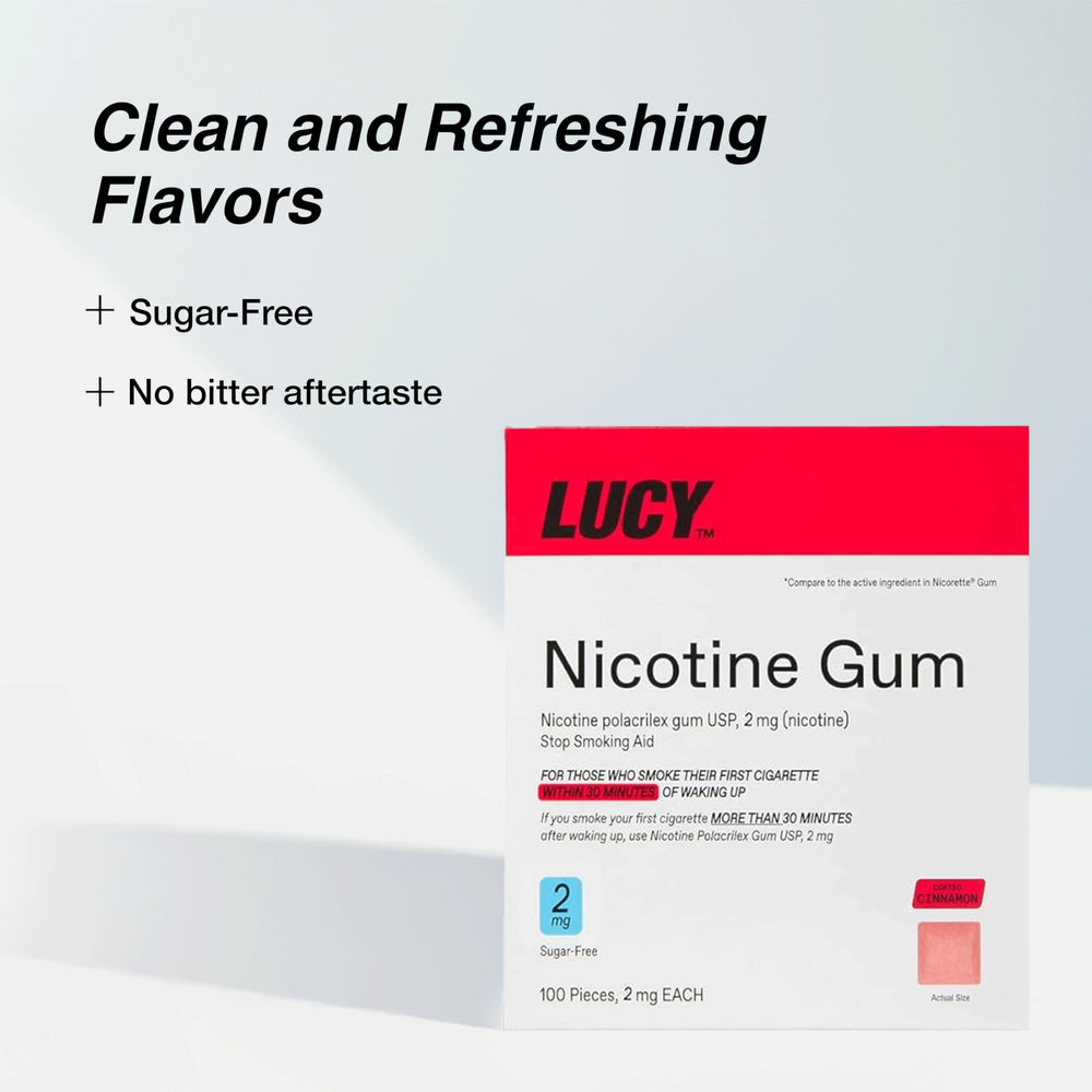 Lucy NRT Cinnamon gum piece ready for craving relief