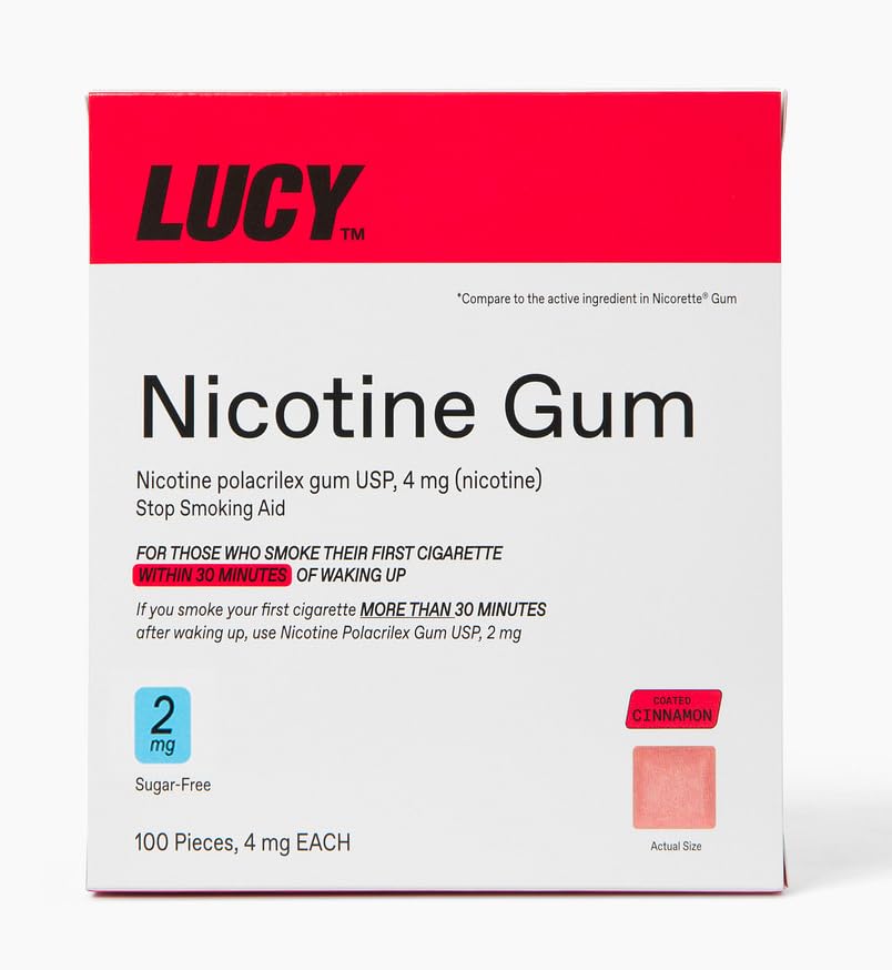 Lucy NRT Cinnamon gum packaging on shelf supports quit attempts