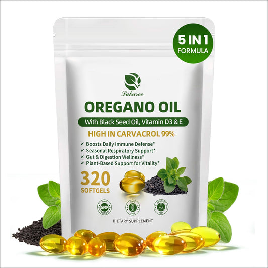 Lukaree 5-In-1 oregano oil bottle with capsules for daily wellness.