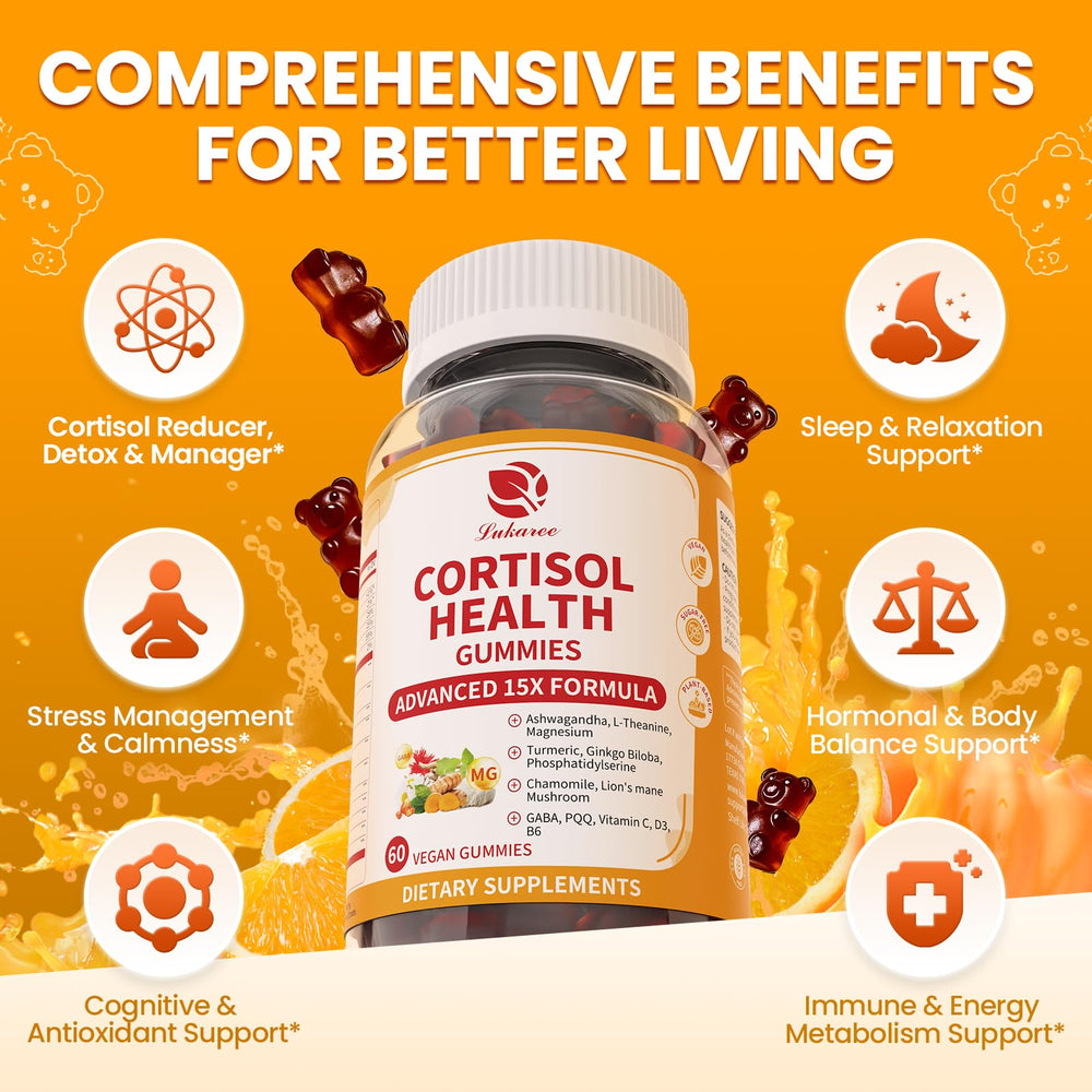 Lukaree Cortisol Supplements bottle closeup emphasizes natural, sugar-free wellness option
